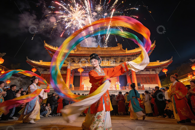 高清大图下载【趣麦麦图】古装舞者烟花表演夜景