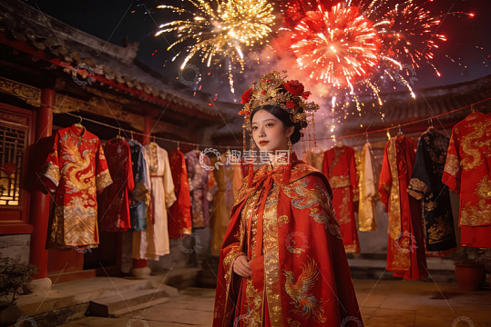 古装女子烟花夜景图