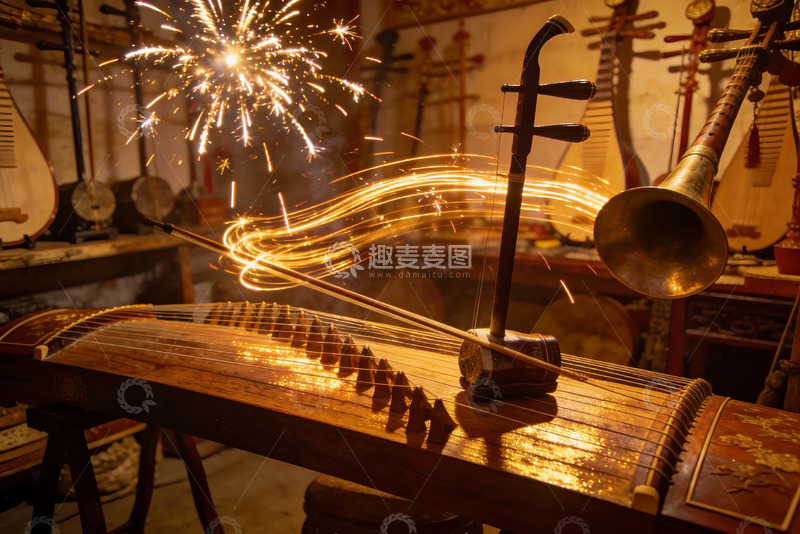 高清大图下载【趣麦麦图】传统乐器与烟花光影艺术