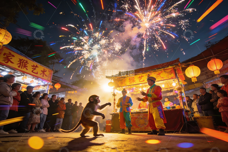 高清大图下载【趣麦麦图】猴戏表演夜空烟花璀璨