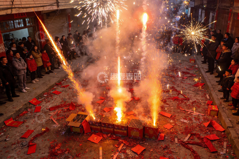高清大图下载【趣麦麦图】街头烟花表演人群围观热闹场景