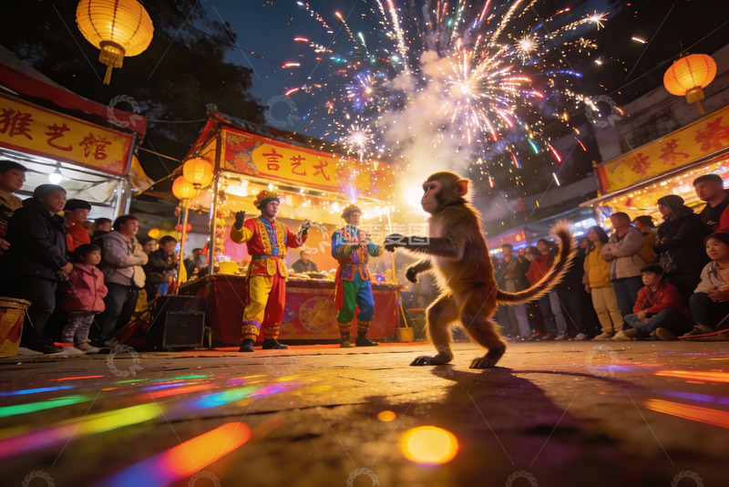高清大图下载【趣麦麦图】猴戏烟花夜市热闹场景