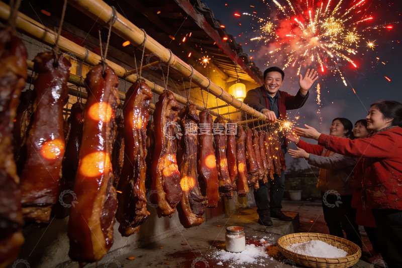 高清大图下载【趣麦麦图】烟花下晾晒腊肉家人欢聚