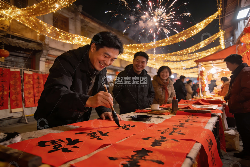 高清大图下载【趣麦麦图】夜市烟花下写春联迎新春