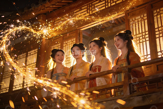 四位身着古装女子在夜景中微笑