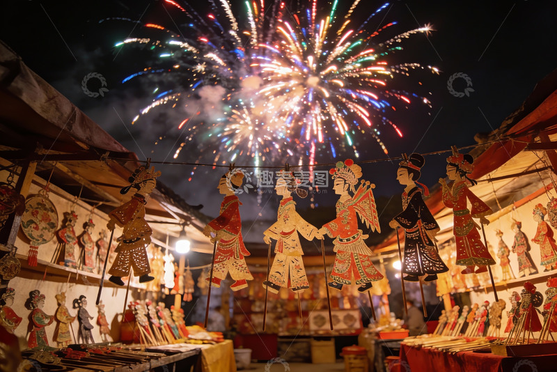 高清大图下载【趣麦麦图】夜市皮影戏烟花绽放