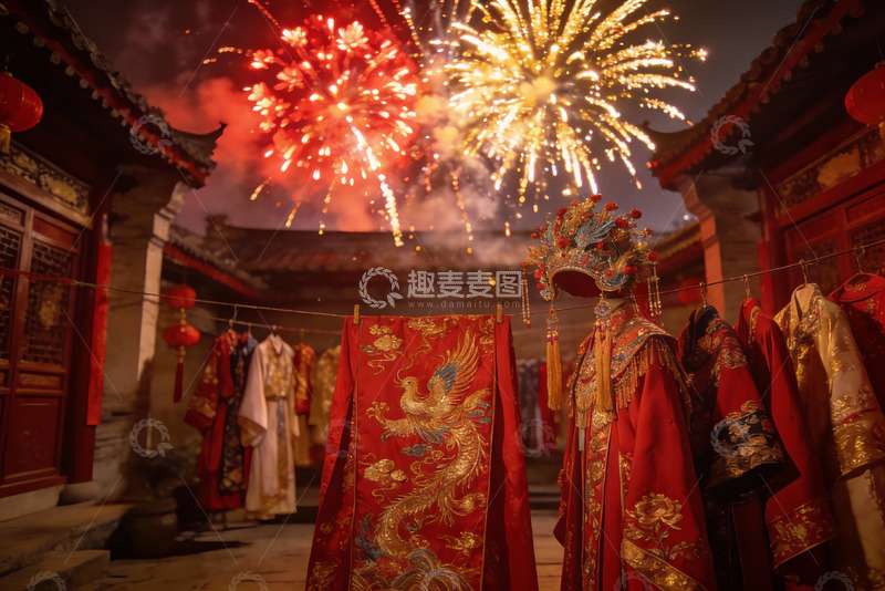 高清大图下载【趣麦麦图】夜空烟花下的传统服饰展示