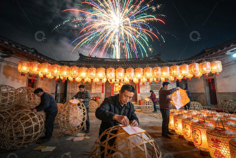 高清大图下载【趣麦麦图】夜空中烟花绽放灯笼制作热闹非凡