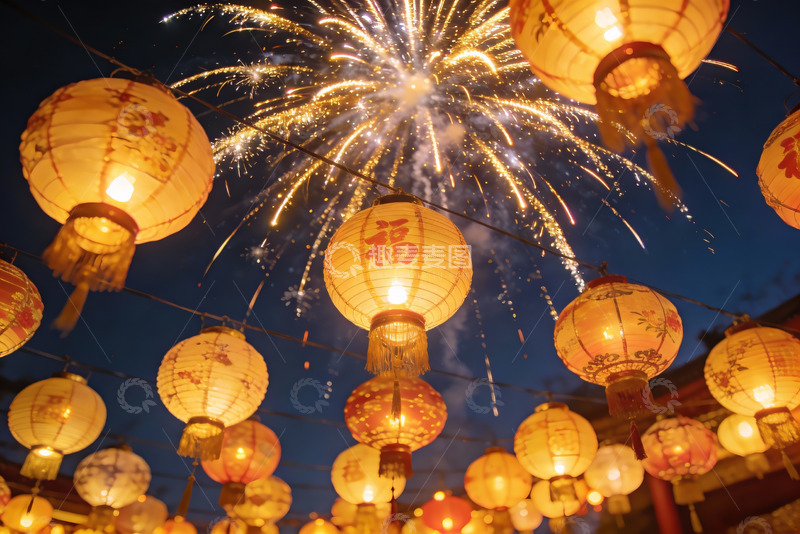 高清大图下载【趣麦麦图】夜空烟花灯笼齐放节日盛景
