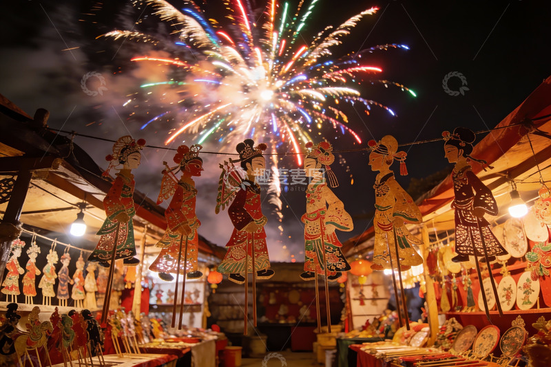 高清大图下载【趣麦麦图】夜市皮影戏与烟花绽放
