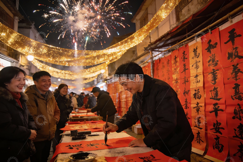 高清大图下载【趣麦麦图】烟花下街头写春联迎新年