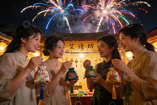 四位女子手持香囊赏烟花
