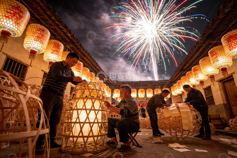 高清大图下载【趣麦麦图】夜空烟花下灯笼制作场景