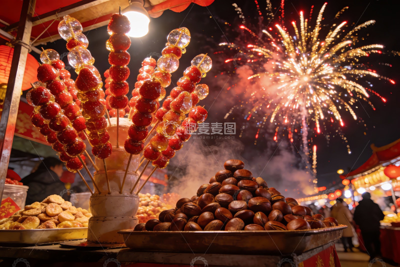 高清大图下载【趣麦麦图】夜市烟火下糖葫芦与板栗