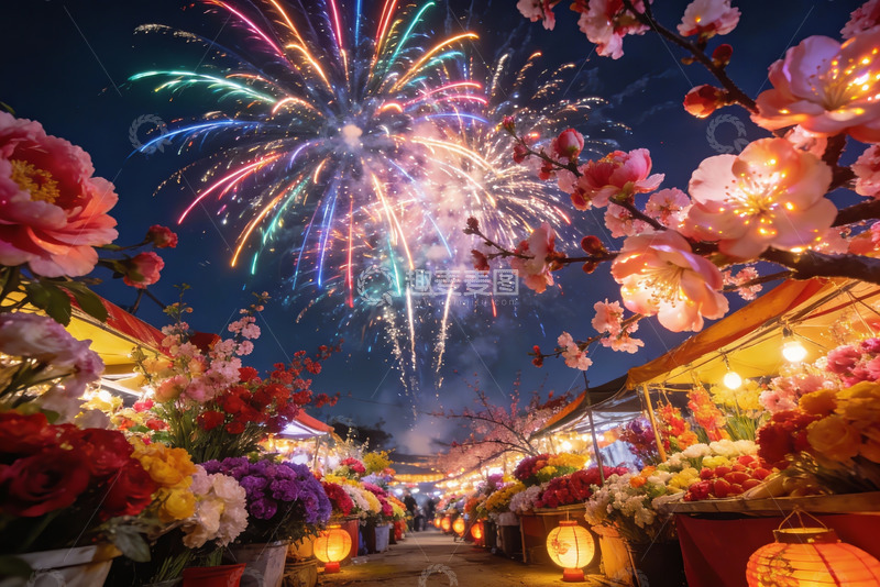 高清大图下载【趣麦麦图】夜市花灯烟花璀璨绽放