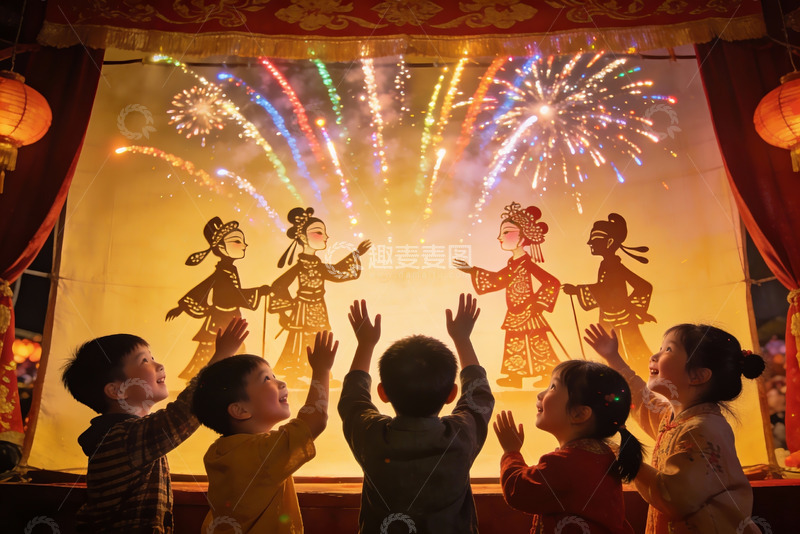 高清大图下载【趣麦麦图】儿童观看皮影戏烟花表演