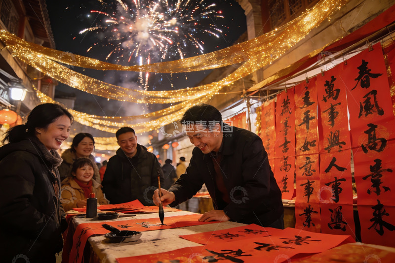 高清大图下载【趣麦麦图】夜市烟花下写春联迎新春