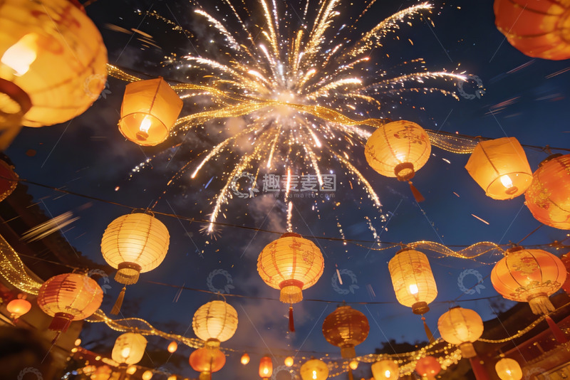 高清大图下载【趣麦麦图】夜空烟花与灯笼交相辉映