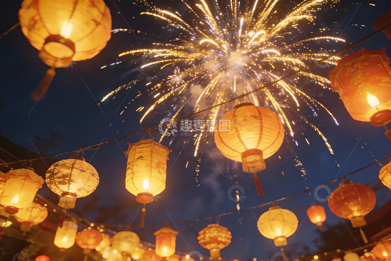高清大图下载【趣麦麦图】夜空烟花灯笼齐放