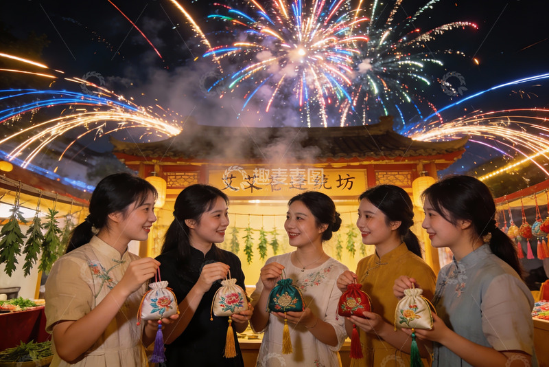 高清大图下载【趣麦麦图】烟花下女子手持香囊合影