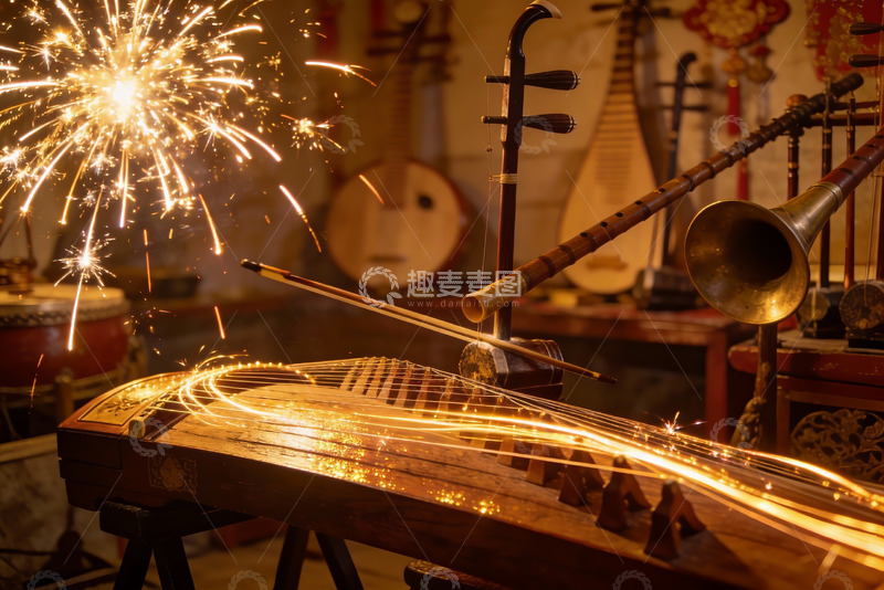 高清大图下载【趣麦麦图】烟花映衬下的传统乐器展示