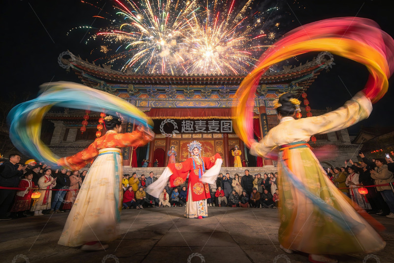 高清大图下载【趣麦麦图】烟花下古装舞者表演