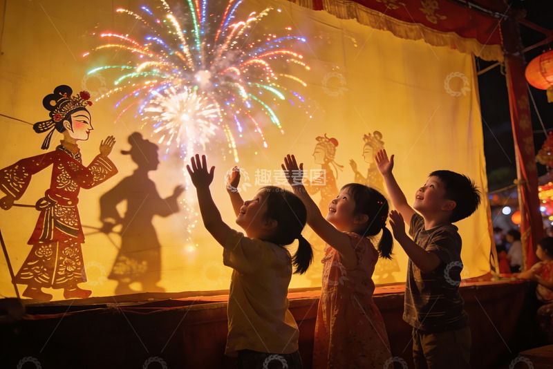 高清大图下载【趣麦麦图】儿童观看烟花皮影戏