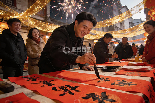 烟花下写春联欢庆节日