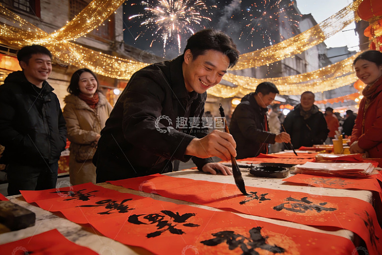 烟花下写春联欢庆节日