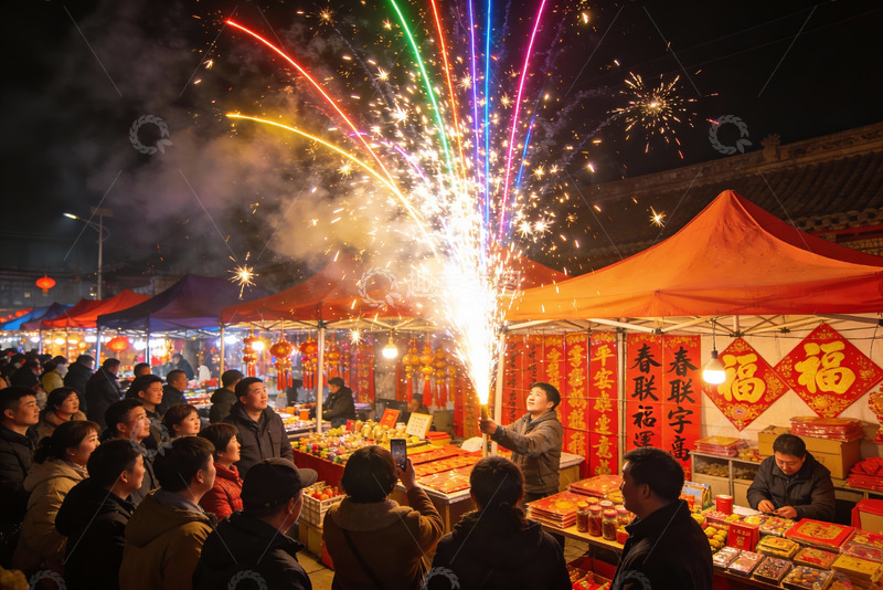 高清大图下载【趣麦麦图】夜市烟花表演人群围观热闹非凡