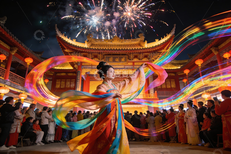 高清大图下载【趣麦麦图】古装舞者烟花表演夜景