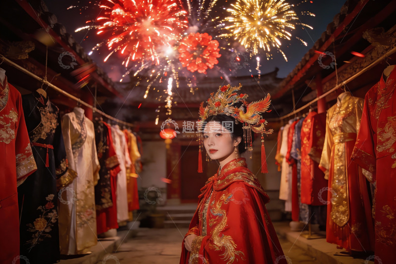 高清大图下载【趣麦麦图】烟花映衬下的传统服饰展示