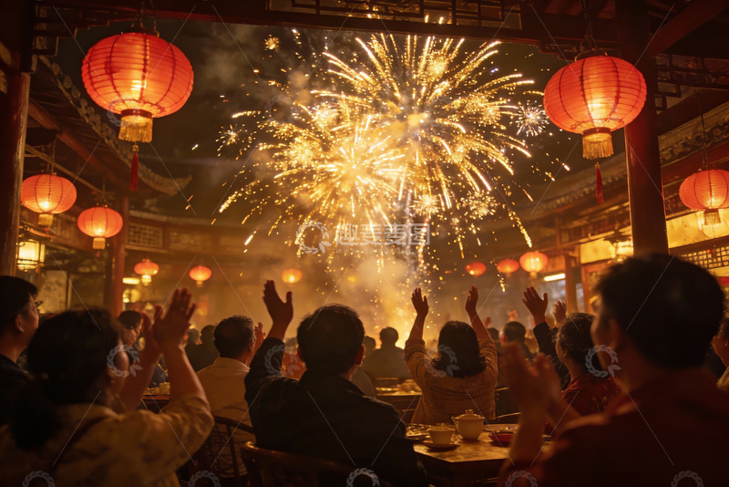 高清大图下载【趣麦麦图】古建筑内赏烟花人群欢聚