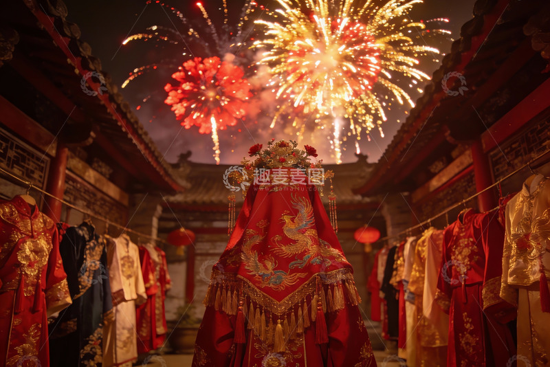 高清大图下载【趣麦麦图】烟花下的传统服饰展示