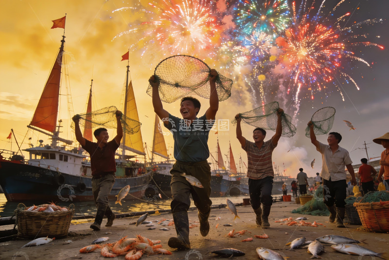 高清大图下载【趣麦麦图】渔民丰收庆典烟花绽放