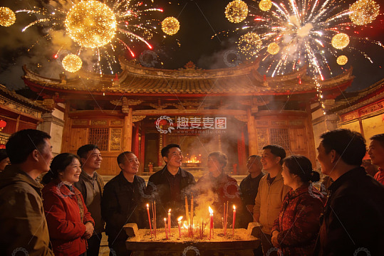 夜祭古庙烟花绽放人群欢聚