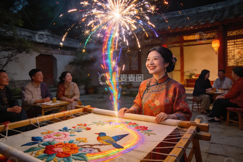 高清大图下载【趣麦麦图】女子庭院刺绣烟花绽放