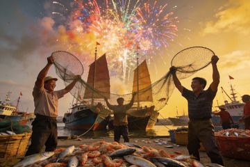 渔港烟花庆典渔民丰收喜悦