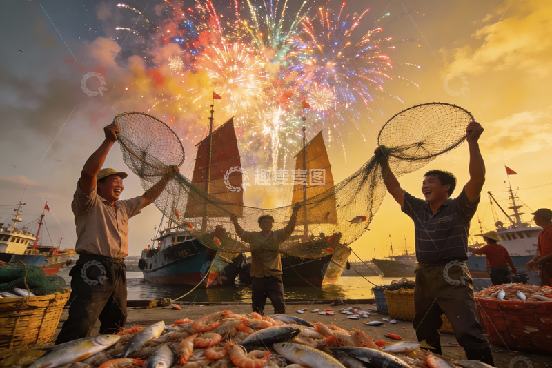 高清大图下载【趣麦麦图】渔港烟花庆典渔民丰收喜悦