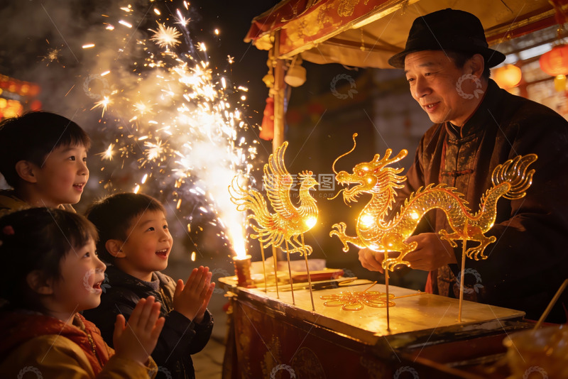 高清大图下载【趣麦麦图】烟花龙灯前孩童欢笑