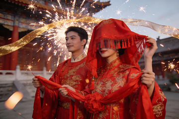 中式婚礼烟花下新人合影