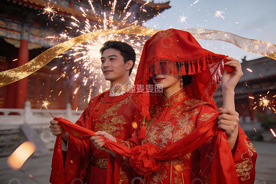 中式婚礼烟花下新人合影