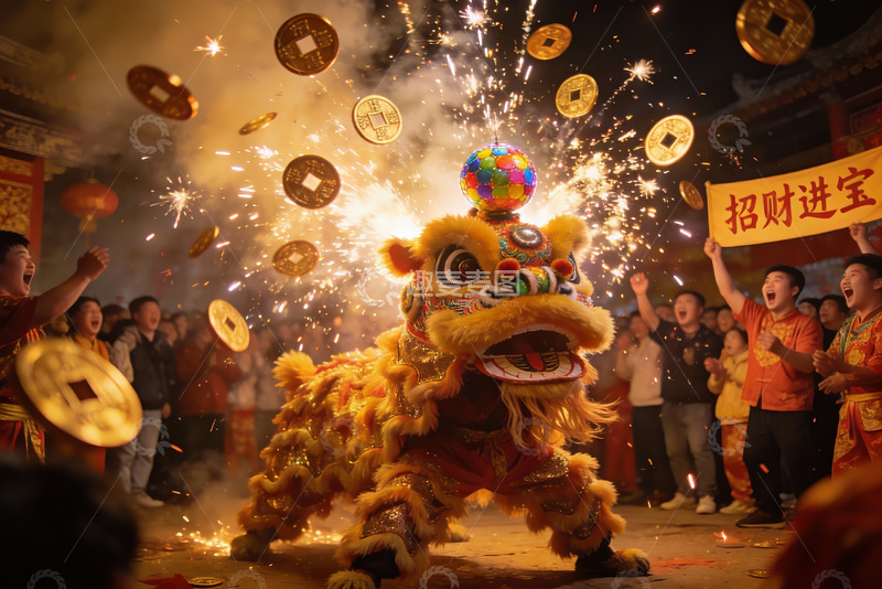 高清大图下载【趣麦麦图】舞狮表演烟花飞舞热闹非凡