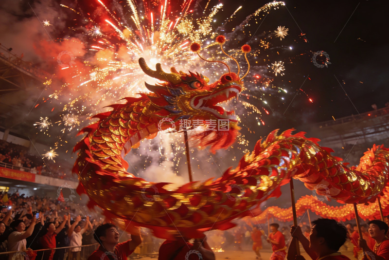 高清大图下载【趣麦麦图】龙舞烟花夜庆典