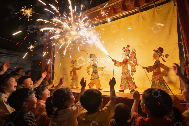 高清大图下载【趣麦麦图】烟花映衬皮影戏孩童欢庆夜