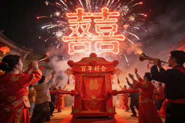 中式婚礼夜放烟花庆双喜