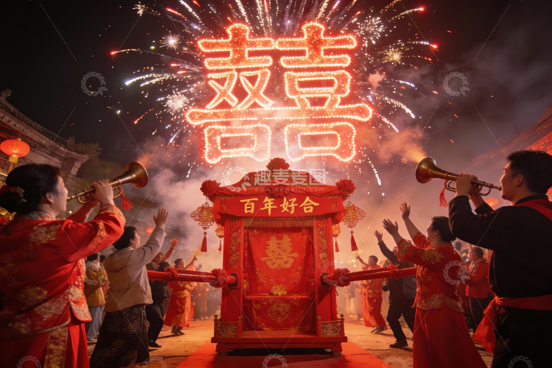 高清大图下载【趣麦麦图】中式婚礼夜放烟花庆双喜