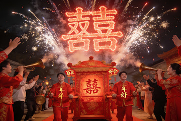 中式婚礼花车巡游烟花绽放