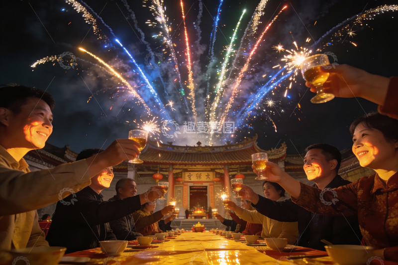 高清大图下载【趣麦麦图】夜宴烟花下举杯欢庆