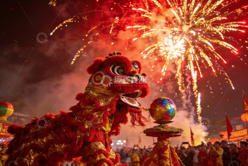 高清大图下载【趣麦麦图】烟花下的舞狮表演热闹非凡